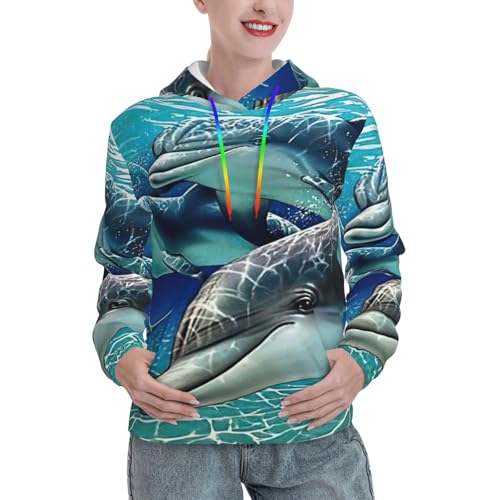 Sweat à capuche femme imprimé dauphins EdWal ajusté avec poche kangourou