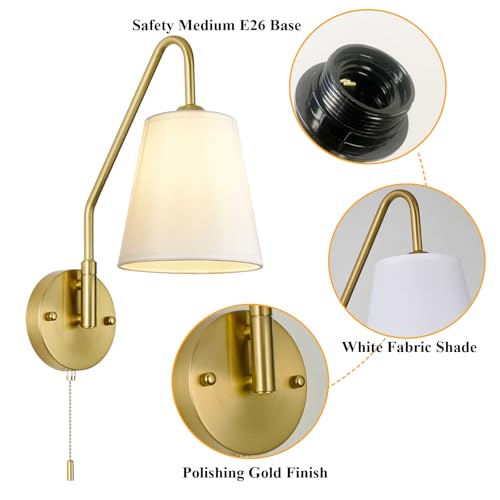 Image of PASSICA DECOR Swing Arm Wall Sconces Set of 2 Hardwired 180 Degree Left and Right Wall Light with Pull Chain Gold Vintage Wall Lamps for Bedroom Farmhouse Living Room