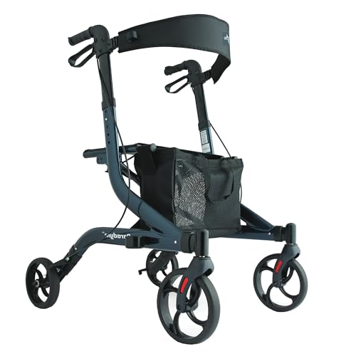 Medline Aluminum European Style Foldable Rollator with Backrest, 300 lbs. Capacity, Navy — For Foot & Leg Injuries & Post-Surgery