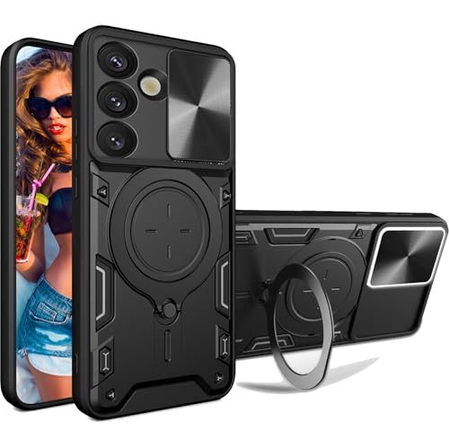 Ephoou for Samsung Galaxy S25 6.2' Armor Case with Magnetic Ring Kickstand, Rugged Military Grade Shockproof Case with Slide Camera Lens Cover for Samsung Galaxy S25 JS-Black
