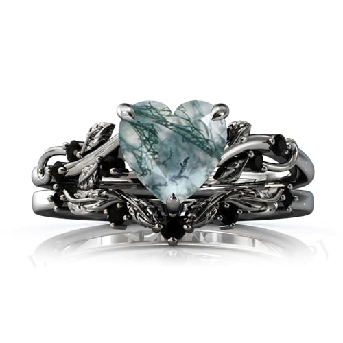 Natural Heart Moss Agate Engagement Black Ring Set for Women 925 Sterling Silver Genuine Green Moss Agate Bridal Rings Set for Her Moss Agate Promise Wedding Ring Set, balck