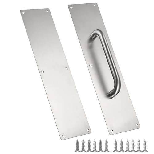 Sumnacon 1 Set 16 Stainess Steel Door Handle Pull & Push Plate - Heavy Duty Silver Gate Handle Bar for Home/Office/Warehouse/Public Suitable of Wooden/Composite Door with Screws Brushed