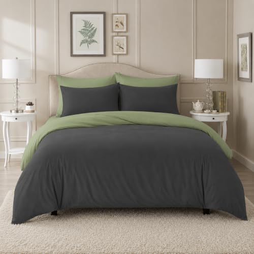 Image of Duvet Cover Double Size Bed (90x95 Inch) 1 Duvet Cover + 4 Pillow Covers with Zipper 600 TC Cotton Reversible Luxurious Quilt, Comforter, Rajai, Blanket Cover (Sage /Dark Grey)