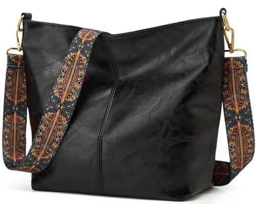 Bolsa Hobo para mulheres, bolsas transversais, bolsa grande de grife, bolsa de ombro de couro PU com alça de ombro larga, Preto, One Size