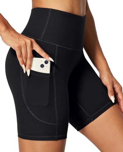 IUGA Biker Shorts Women 6' Tummy Control Workout Shorts Women with Pockets High Waisted Yoga Running Gym Spandex Compression Black