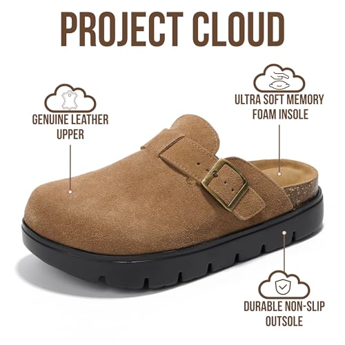 Image of Project Cloud 100% Genuine Leather Platform Clogs for Women Footwear - Memory Foam Arch Support Cork Footbed Casual Shoes & Mules for Women 2026 (Benton Chunky)