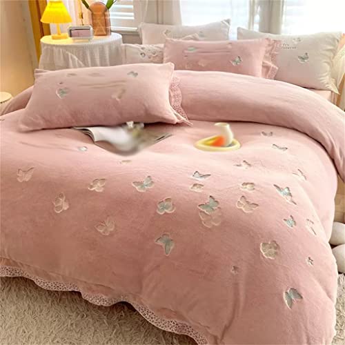 Gretd Velvet Embroidered Fitted Sheet Milk Velvet Winter Four Piece Flannel Bed Sheet Quilt Cover Double-Sided Coral Velvet Bed (Color : D, Size : 220 * 240Cm) #TOP1