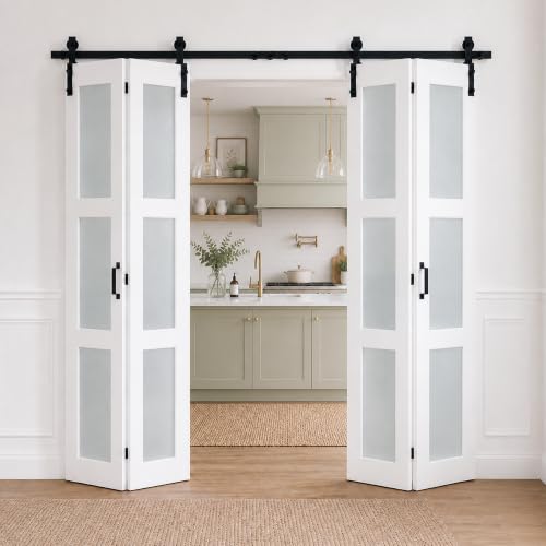 Image of Bifold Frosted Glass Barn Door 72 inchx84 inch with Hardware Included
