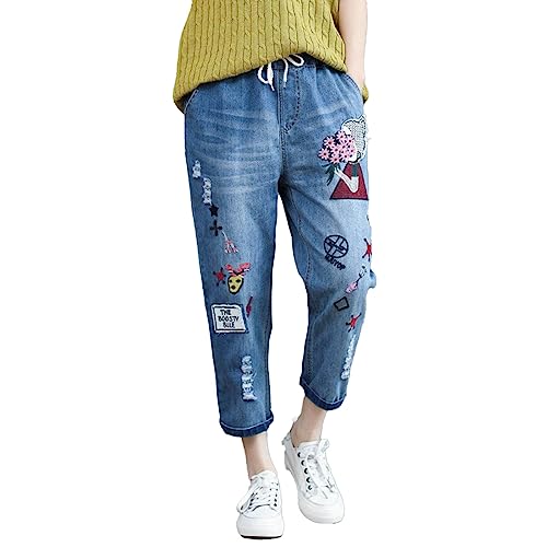 AMDOLE Jeans Señoras Mujeres Casual Cómodo Bordado Literario Elástico Cintura Alta Corte Pantalones Jeans Pantalones Mujer Baggy, Rosa., XL