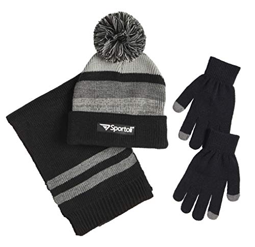 Sportoli Men’s Boys’ Kids 3-Piece Striped Knit Cold Weather Set Hat Scarf Gloves - Black/Charcoal/Grey (Size Kids / 4-7 Yrs)