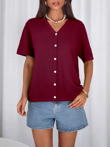 Image of NALANISA Women's Short Sleeve Sweater Spring Summer Crochet Knit Tops 2026 V Neck Striped Button Down Dressy Casual Blouses