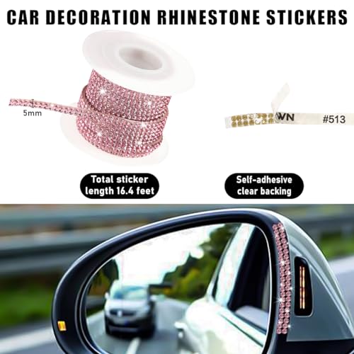 Image of povtii Bling Car Trim Self Adhesive, 16.4 Ft Glitter Crystal Rhinestone Decals Sticker Strips, Sparkly Auto Dashboard Decor Line Molding Sticker, Interior Exterior Car Accessories (Pink, 5mm)