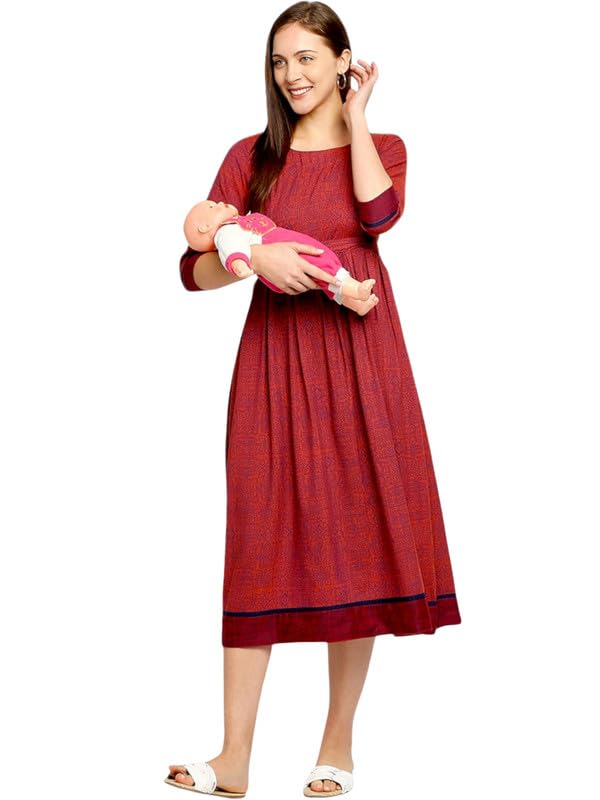 Image of DUMMY SHAPE Maternity Gown for Women | Feeding Flare Kurta with Dual Nursing Zippers for Pre & Post Partum | Maternity Dresses for Women Cotton (DS-MAT-P052 2XL, Maroon)
