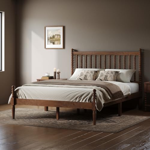 Image of AMERLIFE Full Solid Wood Bed with Bobbin Spindle Headboard, Dark Walnut