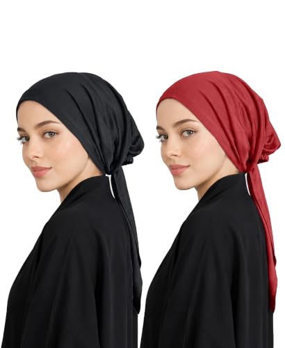 Image of Mehar Women's Hair Ponytail Cap Set of 2 | Soft Stretchable Polyester Hijab Inner Cap | Adjustable Tie-Back | Scarf & Helmet Inner | One Size Fits All