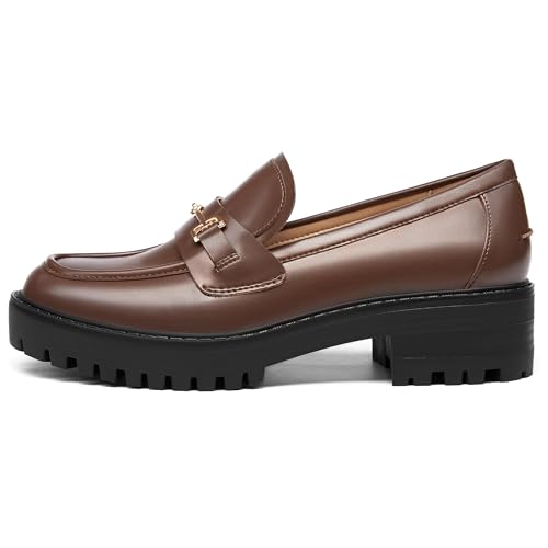 Image of VETASTE Women's Platform Chunky Heel Loafers Slip on Business Casual Shoes | Classic Closed Round Toe, Lug Sole, Work Office Uniform Oxfords, Metal Chain