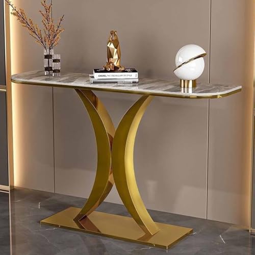 Mesa de sofá, mesa decorativa para sala de estar, marco de metal estable, parte superior de mármol, mesa consola larga y estrecha