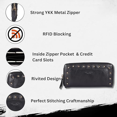 Vintage Genuine Italian Leather Boho Studded Wallet – Zipper Coin Purse & Credit Card Holder for Women (Black)2