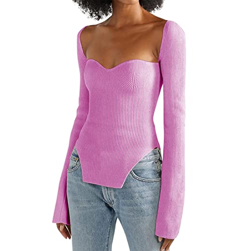 Image of Women's Square Neck Ribbed Knitted Sweater Long Sleeve Crop Slim Fitted Basic Pullover Tops