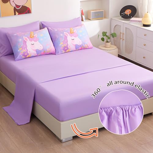 Image of Queen Comforter Set for Girls 7 Piece Purple Unicorn Bedding Set for Girls Super Soft Microfiber Bed Set Bed in a Bag with Comforter Sheets Pillowcase & Sham