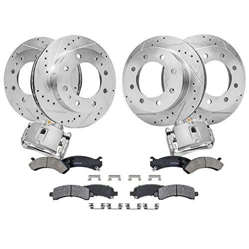 Image of Detroit Axle - Brake Kit for 2006-2016 Chevy GMC Express Savana 2500, 2003-2020 Express Savana 3500, Front & Rear Drilled & Slotted Brake Rotors Ceramic Brakes Pads Front Brake Calipers Replacement