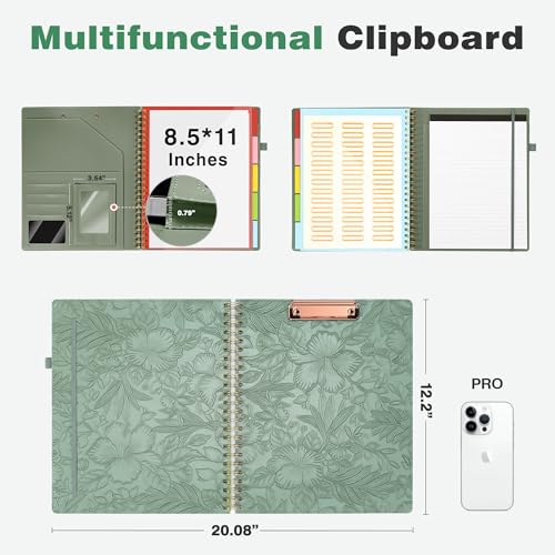 Image of Clipboard with Storage for Men Women, Leather Padfolio Portfolio Organizer 5 Folders with 10 Pockets, Spiral Clipboard Folio with Notepad for Letter Size, Elastic Closure and Pen Loop Green Floral