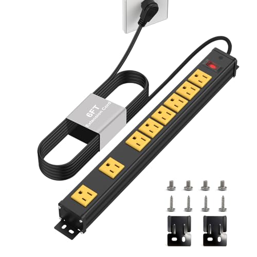Image of 8 Outlet Wall Mount Metal Power Strip, 2 Extra-Wide (2.55IN) and 6 Standard Spaced Outlets, Flat Plug Extension Cord 6FT 14AWG with Switch, 15A 1875W ETL Listed for Garage, Workshop, Home