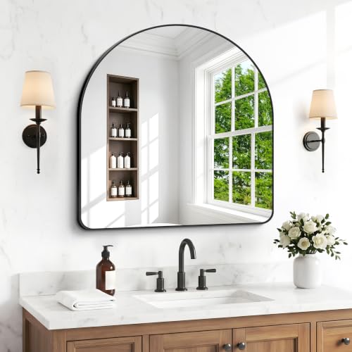 Image of BONEWEI Arched Wall Mirror,36x36 inch Black Arched Mirror Bathroom,Large Vanity Mirror for Over Sink Metal Frame,Tempered Glass Arch Mirrors for Bedroom,Entryway,Living Room,Home Decor Shatter-Proof