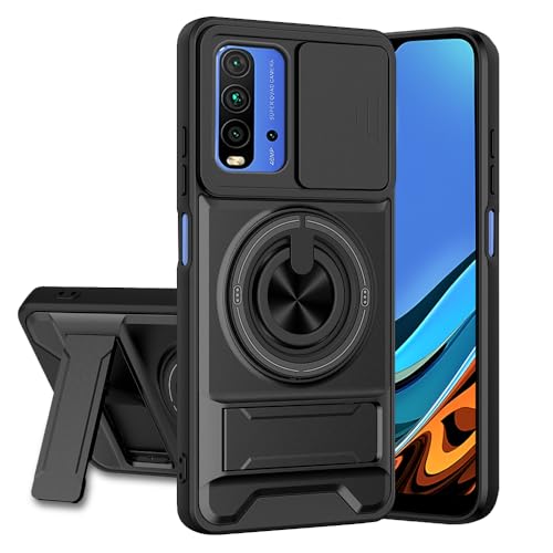 Image of Redmi 9 Power /Poco M3 Back Cover | Armor Camera Slider 360 Degree Rotating Finger Ring Holder Case with Bracket Stand Back Case Cover (Compatible with MagSafe Accessories) (Black)