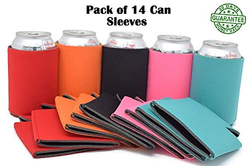 Blank Can Sleeves - Bulk Set of 14 Beer Sleeve/Neoprene Sleeves - For Can/Beer Cooler 12-16 OZ - Extra Thick Neoprene with Stitched Fabric Edges - Great for Weddings, Parties, BBQ - By Ombrace