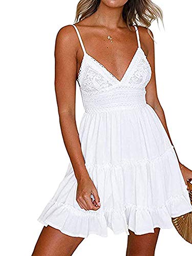 Womens V-Neck Spaghetti Strap Bowknot Backless Sleeveless Lace Mini Swing Skater Dress Short Dresses (White, M)