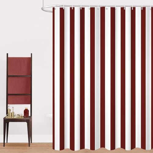 GCIREC Duschvorhang, 180x200cm, Dunkelrot & Weiß Moderner Minimalismus Vertikale Streifen Wasserdichter Stoff Maschinenwaschbarer Badezimmervorhang mit Haken