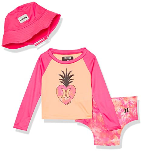 Hurley Girls Long Sleeve Rash Guard and Hat 3-Piece Swimsuit Set