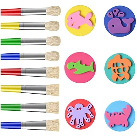 Kids Paint Brushes, Children Paint Brushes Round and Flat with DIY Sponge Graffiti Seal, 14Pcs Colorful Paint Brush Set for Children toddlers Beginners, Brushes for Watercolor, Oil, Acrylic Paints Cover