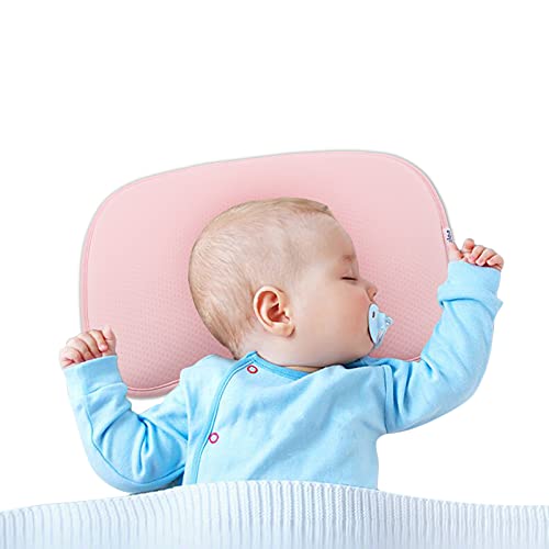AutoTime Baby Pillow for Newborn Infant Flat Head Baby Pillow for Sleeping Baby Head Shaping Pillow for 0-12 Months Newborn Head Shaping Pillow Washable Corn Fiber,Anti-Sweating Pillow for Baby Pink