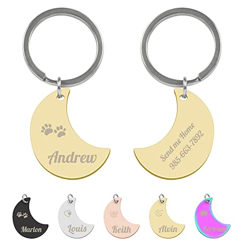 JeogYong Moon Dog Tags Engraved for Pets, Stainless Steel Dog ID Tags and Cat ID Tags Personalized, Anti-Lost Pet Name Tag for Dog Cat Collar (Small, Gold)