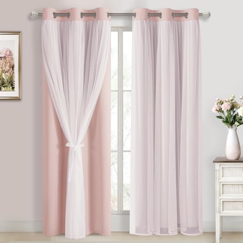 Image of DWCN Pink Blackout Curtains with Sheer Overlay with Tiebacks 84 Inch Long