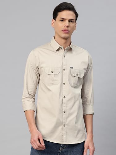 Image of Majestic Man Men's Washed Cotton Twill Casual Shirt -| with Dual Flap Pockets - Slim Fit | Full Sleeve | Casual Wear | Trendy & Comfortable