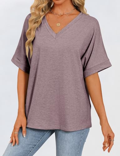Womens Oversized T Shirts V Neck Loose Fit Shirts Short Sleeve Summer Casual Tops 2025 Trendy Blouses Y2K Plain Tees Gray Purple XL — view 2