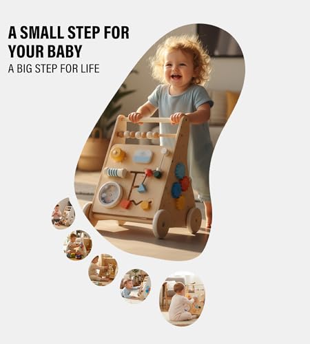 Image of Wooden Baby Walker Toddler Push Walker with Activity Center | Push Toys with Montessori Toys for 1 Year Old with Baby Activity Center 12-36 Months Learning to Walk