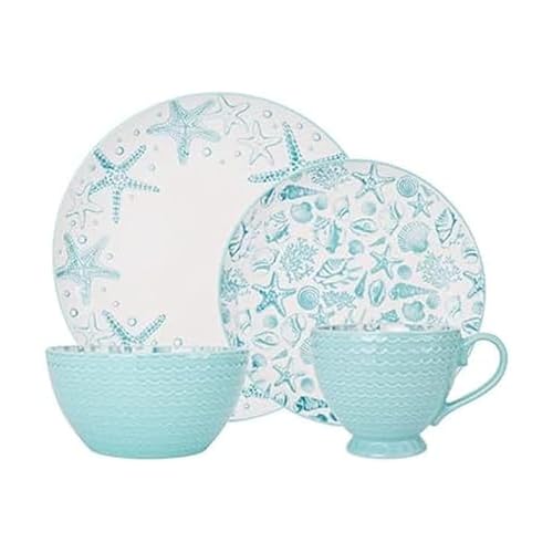 Pfaltzgraff Venice 16-Piece Stoneware Dinnerware Set, Service for 4, Aqua and White Color Combination, Durable and Chip Resistant, Microwave Safe