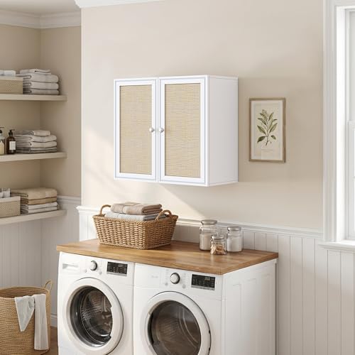 Image of Laundry Room Cabinets 24INCH Bathroom Cabinets Wall Mounted with Adjustable Shelves, Rattan Wall Cabinet for Bedroom, Kitchen, Bathroom, White