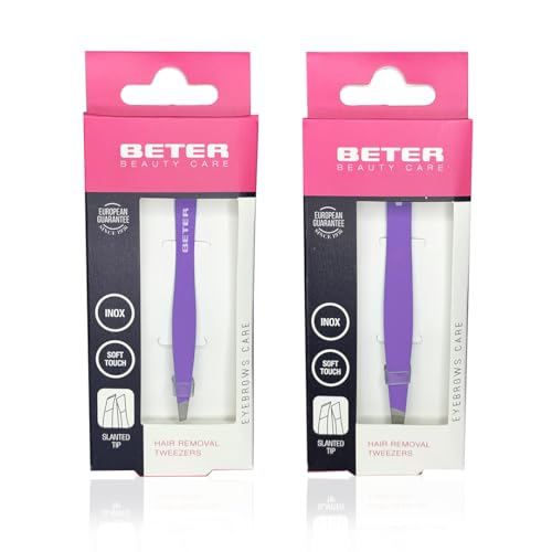 Beter – Pack de 2 pinzas de depilar para cejas profesionales, punta oblicua, acabado soft touch, inoxidables