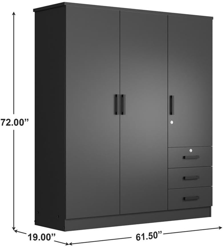 Pemberly Row 3-Door 3-Drawer Engineered Wood Wardrobe Armoire Closet, Black Finish, 19” D x 61.5” W x 72” H, Hanging Rod and Adjustable Shelves, Modern Bedroom or Entryway Storage Solution