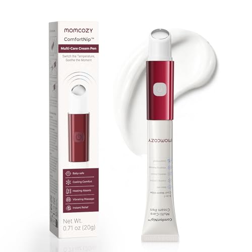 Momcozy ComfortNip™ Bolígrafo 3 en 1 para Cuidado del Pezón, Calor/Frío/Vibración, Cabezal de Acero 316, Crema Botánica de Lactancia, Recargable y Portátil para Alivio del Pezón Dolorido