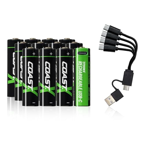 Coast AA USB-C Rechargeable Batteries, ZITHION-X, Lithium Ion 1.5v 2400 mAh, Long Lasting, Charges Under 2.5 Hours, Charging Cable Included, 12-Battery Pack