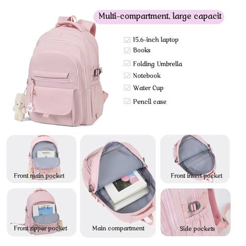 Image of PRLINJSK Girls Backpack for College High Middle School Student, Cute Aesthetic Bookbag for Teens Women with Accessories,Pink