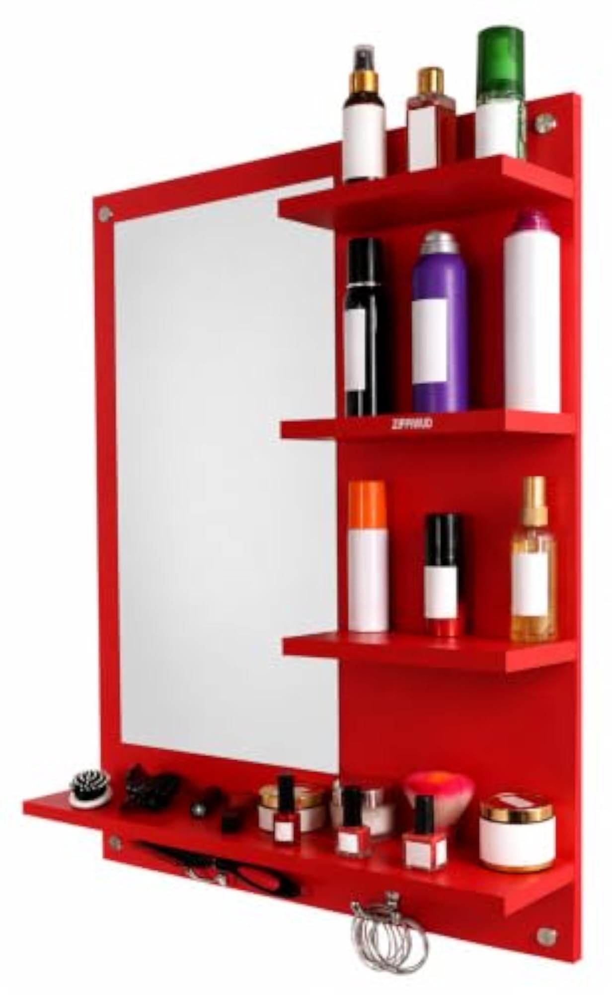 Engineered Wood Wall Mounted Mirror with Shelves and Hooks, Red