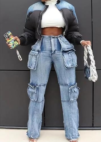 Women Straight Stretch Cargo Jeans Leg Side Zipper Slit Denim Y2K Pants with Multi Pockets4