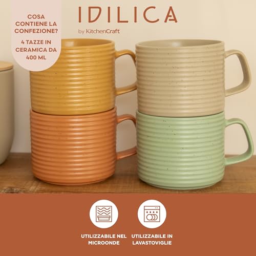 KitchenCraft Idilica Tazze impilabili in gres, set di quattro tazze da caffè impilabili, multicolore, capacità 4 ml, lavabili in lavastoviglie e in microonde - immagine 4